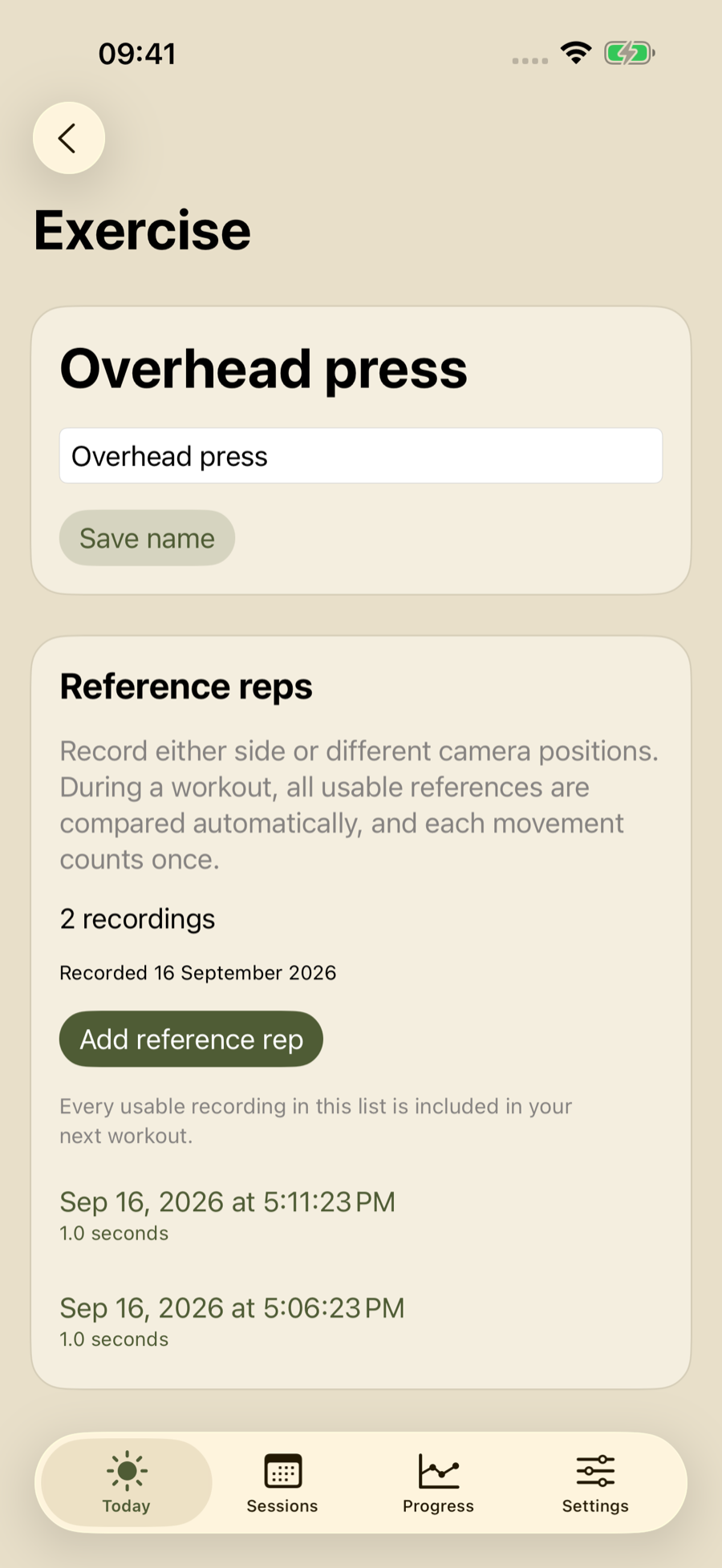 The exercise library on the iPhone: an exercise with its saved reference repetitions