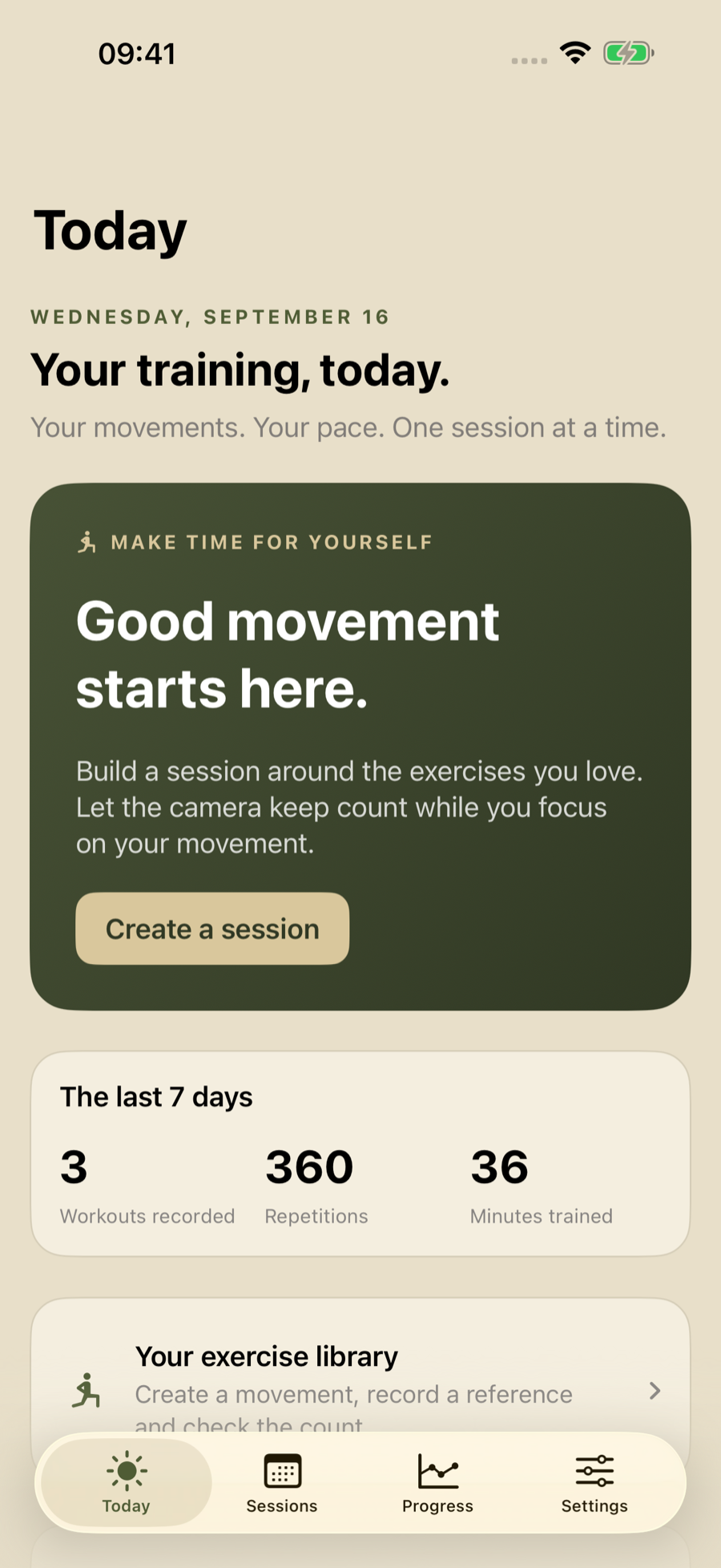 Beatrep on the iPhone: the Today screen with the next session and the exercise library