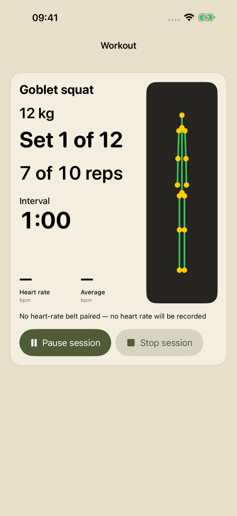 A live workout on the iPhone: set number, counted repetitions, the interval timer and the stick figure of the tracked body